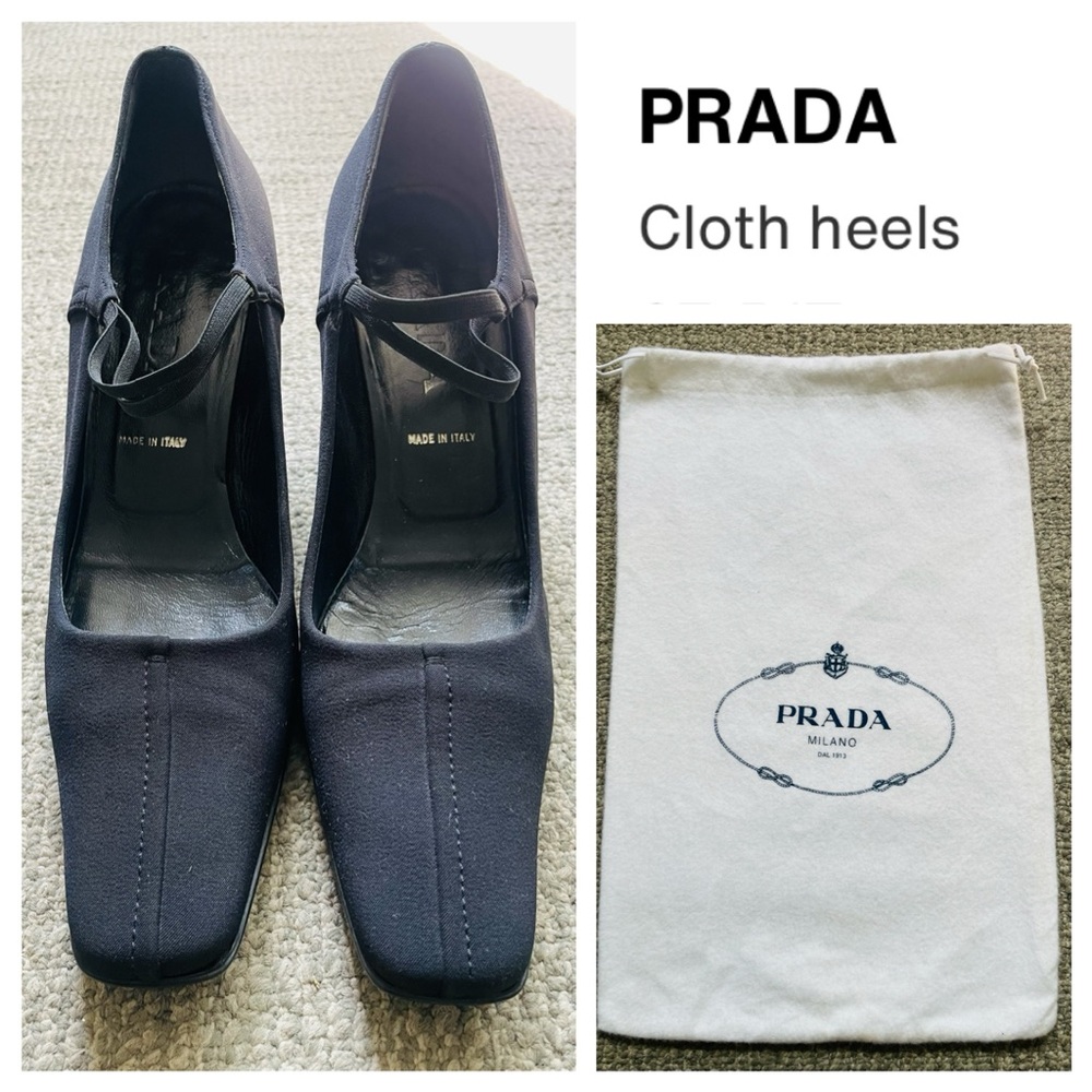 PRADA Women’s Navy Blue Cloth Strap Heels With Prada Dust Bag
